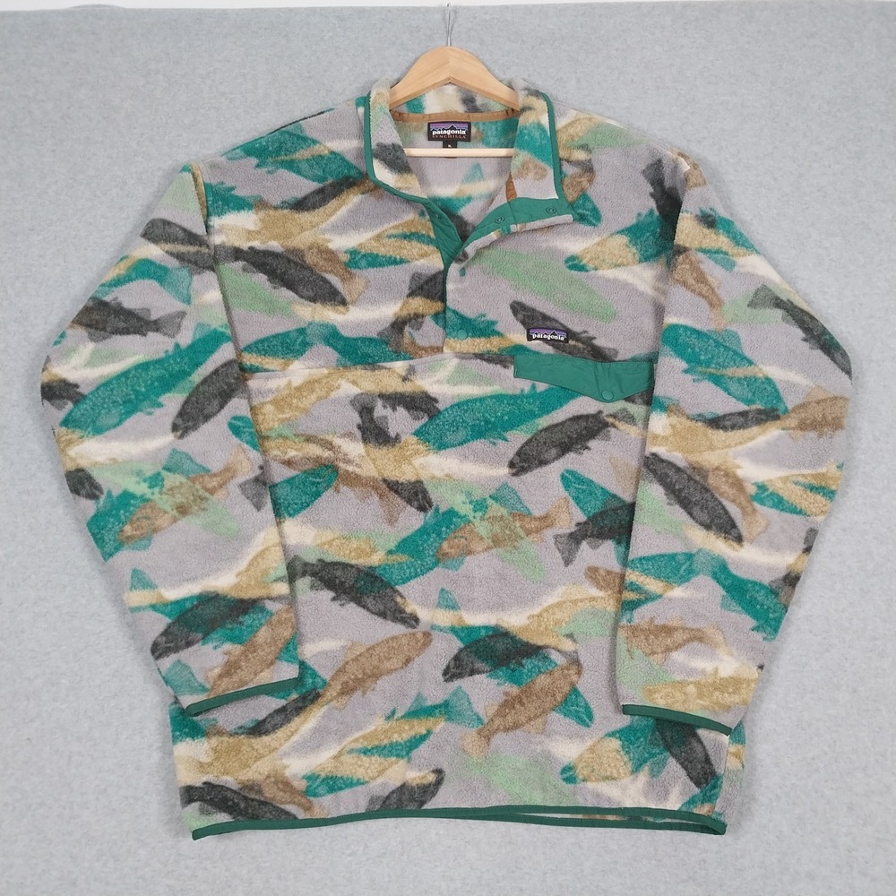 Patagonia Synchilla Mens XL Trout Tails Legend Green Snap T Fleece Pullover